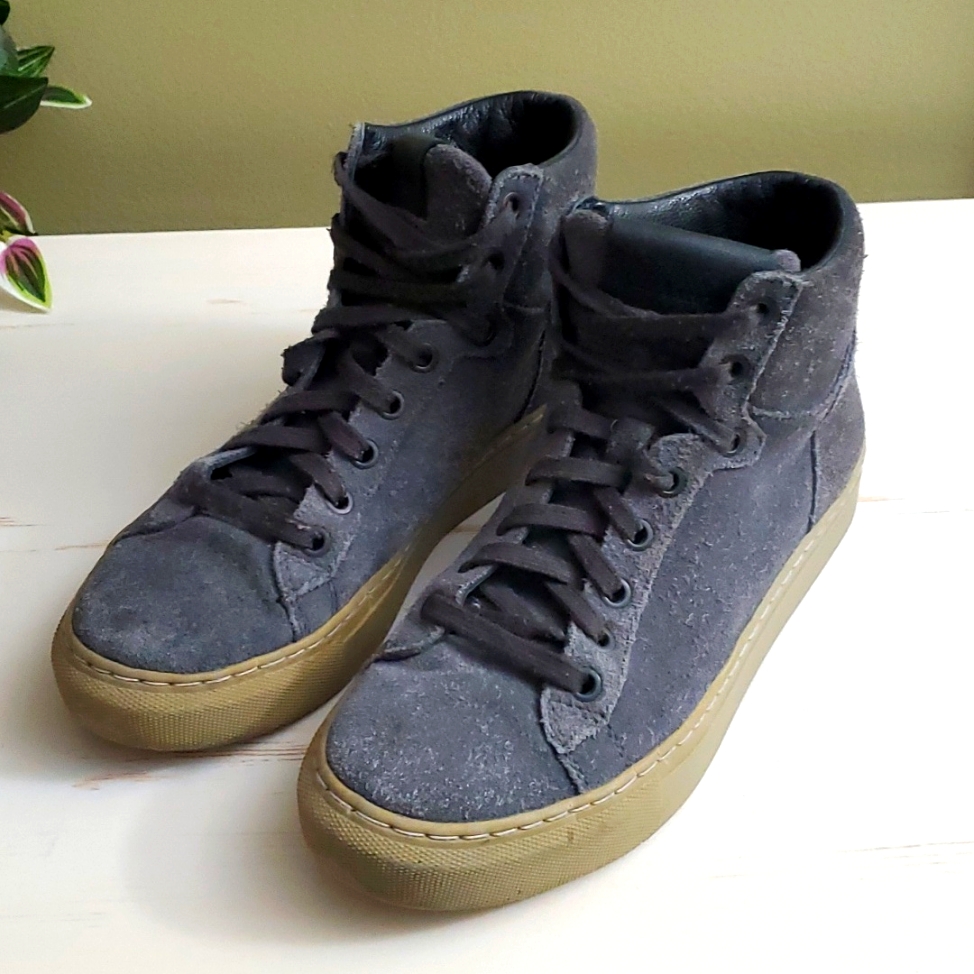 Allsaints | Grey Suede Crescent High Top Sneakers Sz 37